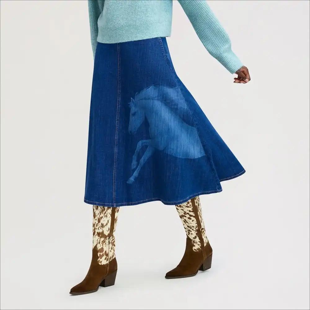 Horse Print Denim Midi Skirt